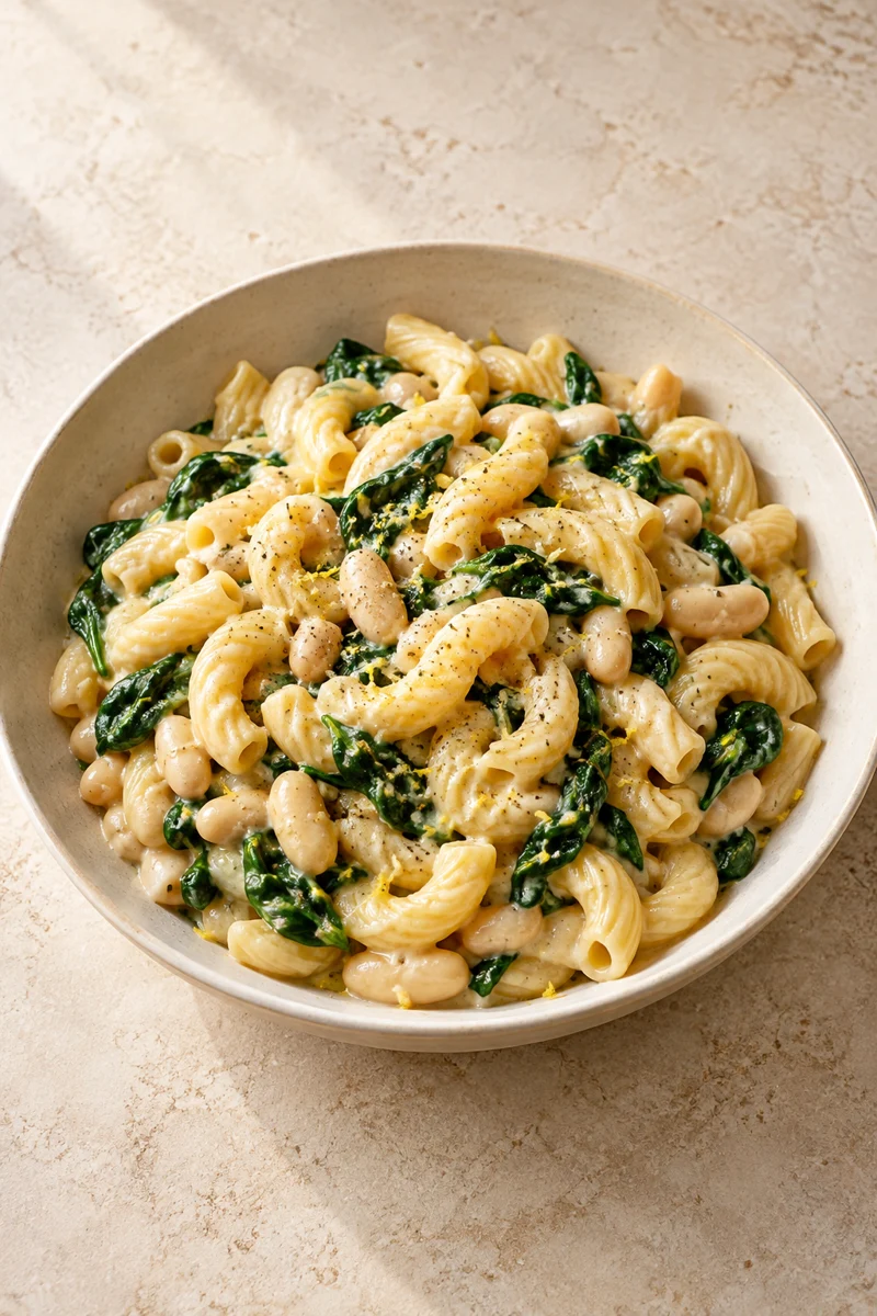 Cremige Zitronenpasta mit weißen Bohnen und frischem Spinat